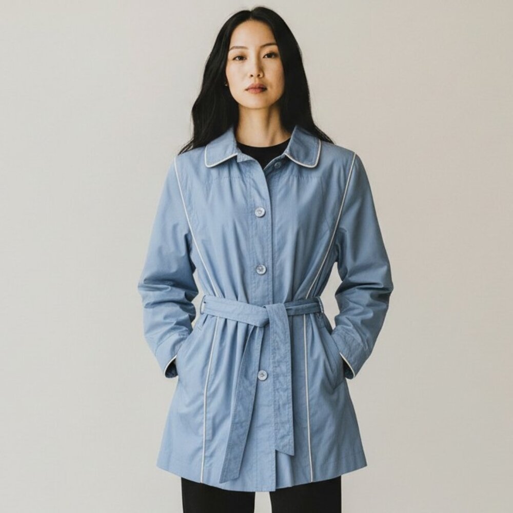 Vintage Ms Freddi Short Blue Belted Trench Coat Size 14